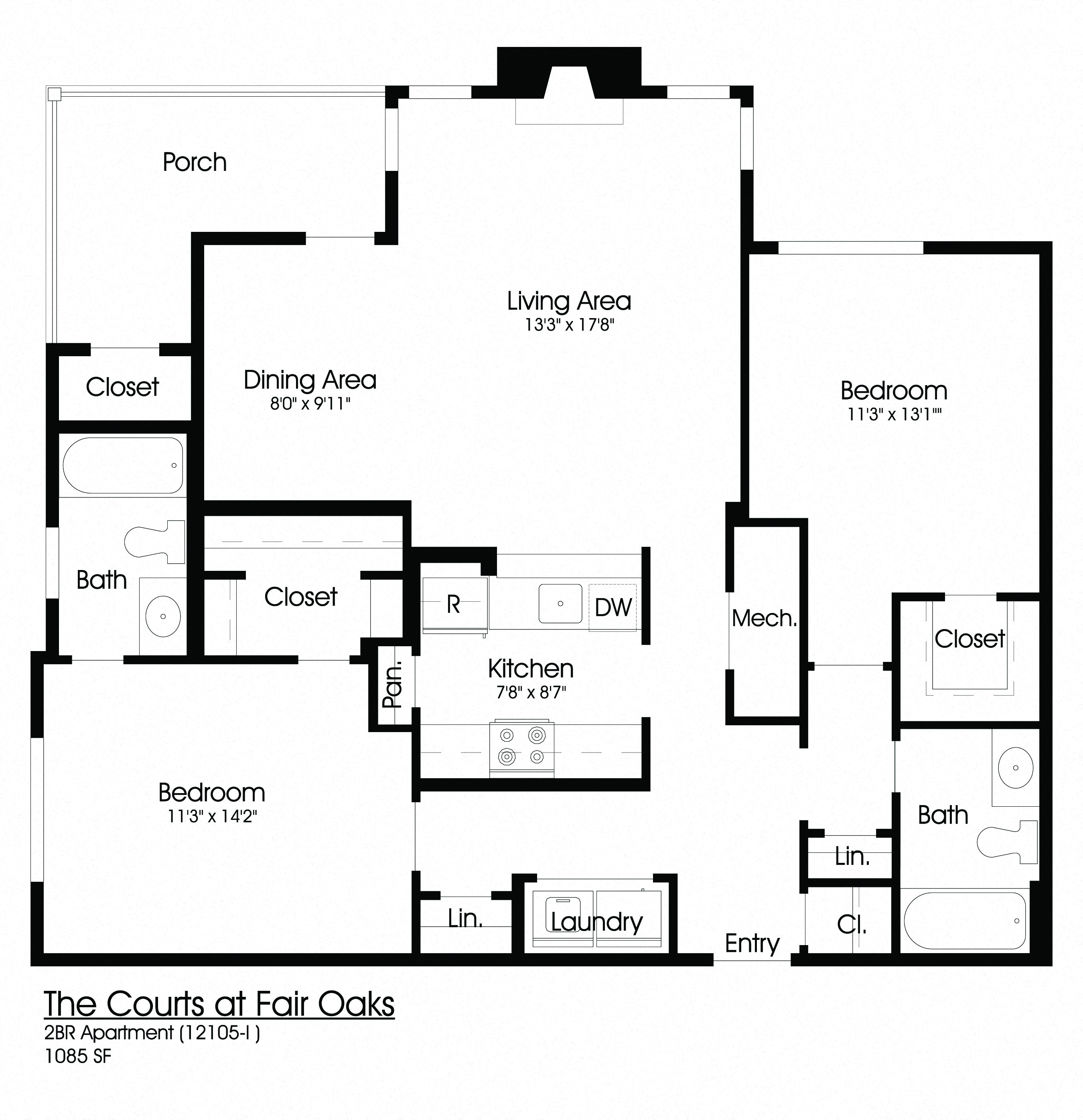 Floor plan for 2 beds, 2 baths, 1100 sqft